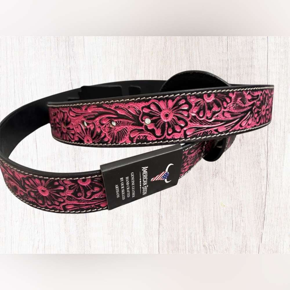 American Bison Women’s Leather Floral Tooled Belt - Picture 7 of 8